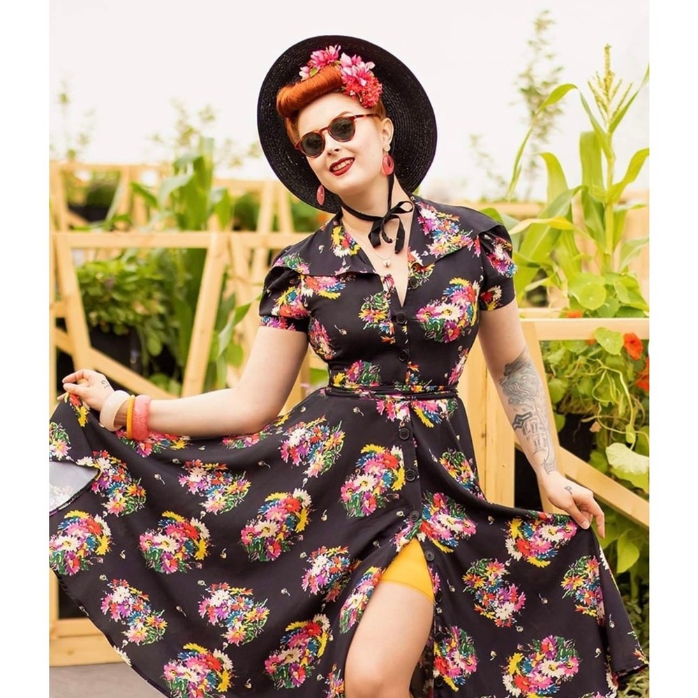 What Katie Did Rowena Floral retro fit and flare dress belted button down